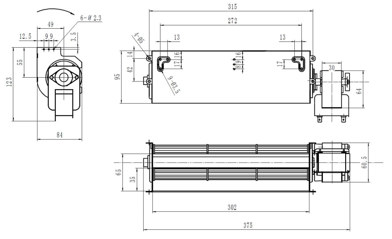 VENTILATORE TANGENZIALE 230V 50Hz PALA Ø60X300mm SU BRONZINE E CON TERMICA, MOTORE A DESTRA 2