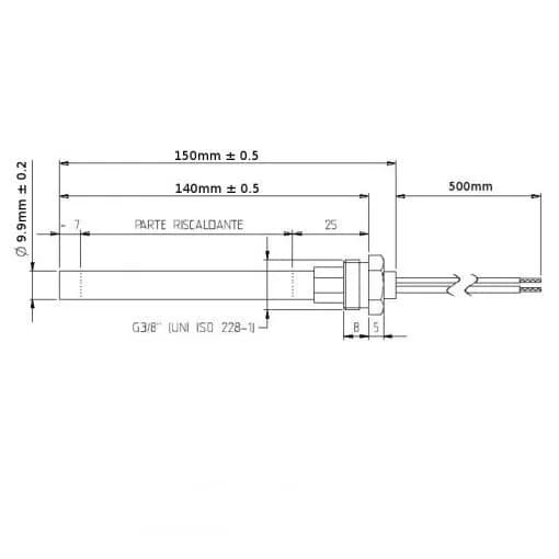 RESISTENZA ELETTRICA Ø 9,9 mm x 140 mm ATTACCO A FILETTO 3/8 2