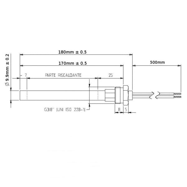 RESISTENZA ELETTRICA Ø 9,9 mm LUNGH.170MM W350 ATTACCO A FILETTO 3/8 2